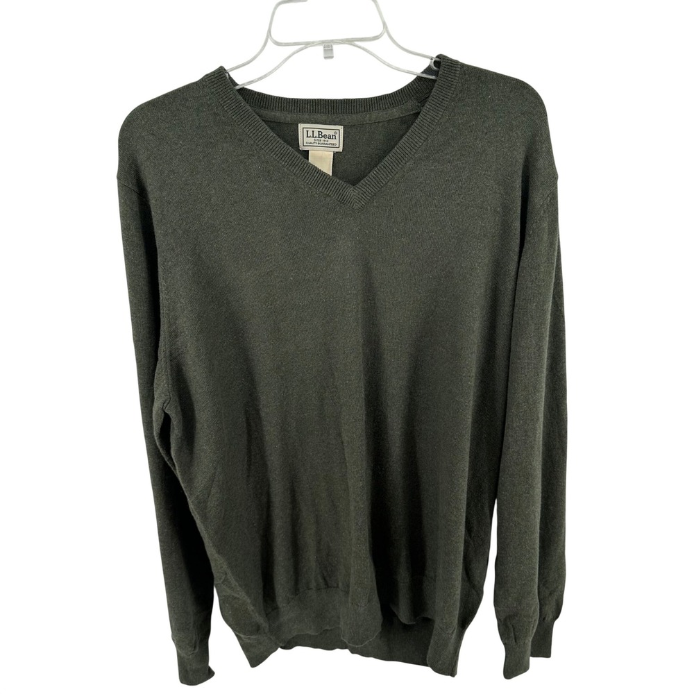LL Bean Mens XL V-Neck Sweater Olive‎ Green Cotton Cashmere Blend 274603